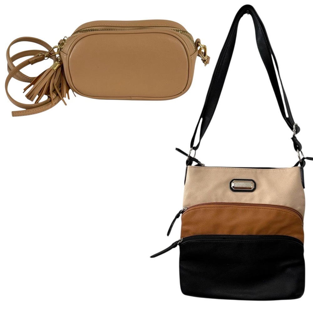 Bundle of 2 Vegan Leather Crossbody Bags Gold Hardware Tan Neutral Tones